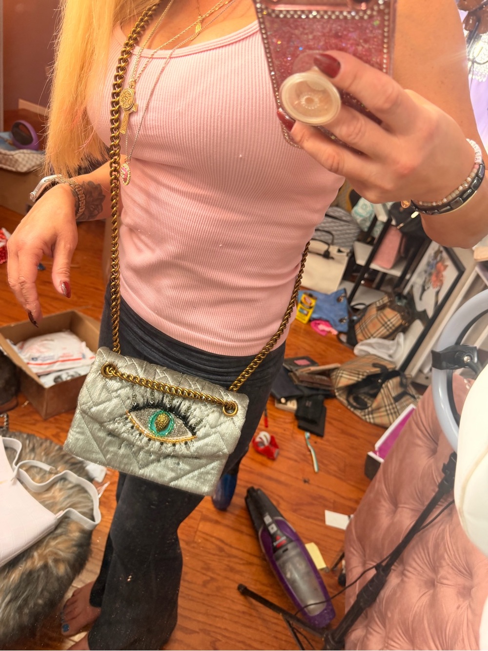 Kurt Geiger Silver Quilted Mini Crossbody with Embroidered Eye - Picture 7 of 7